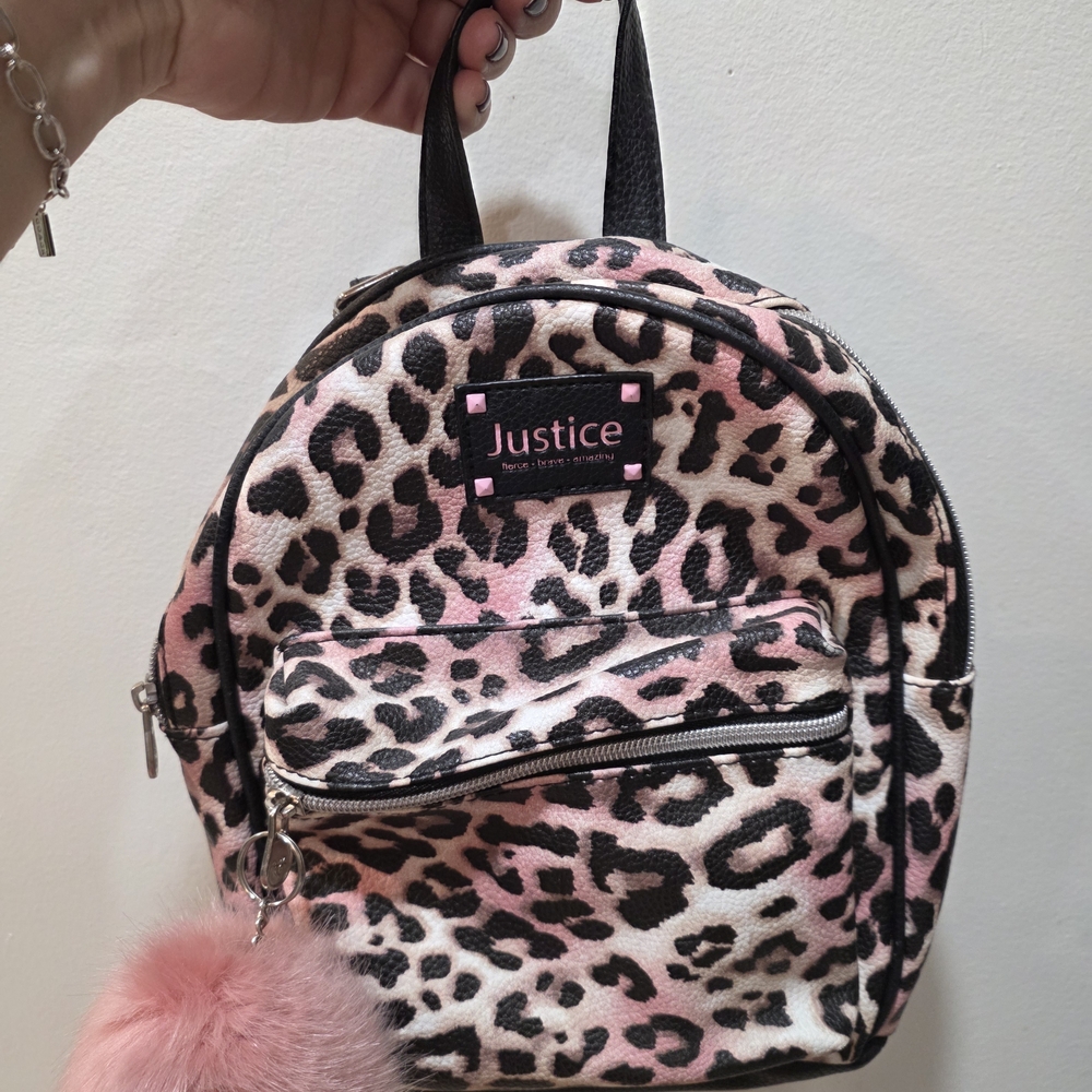 Justice Pink and Black Leopard Mini Backpack with Pom Charm